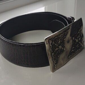 Sandy Duftler Brown Leather Skin Tapered Vintage Silver Buckle Belt 45" Long